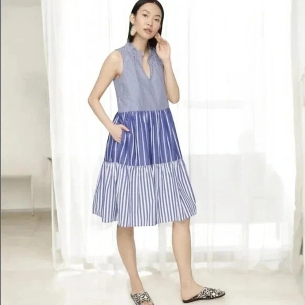 J.Crew sleeveless Tiered Popover midi Dress in Mixed Stripe Size LG vacation
